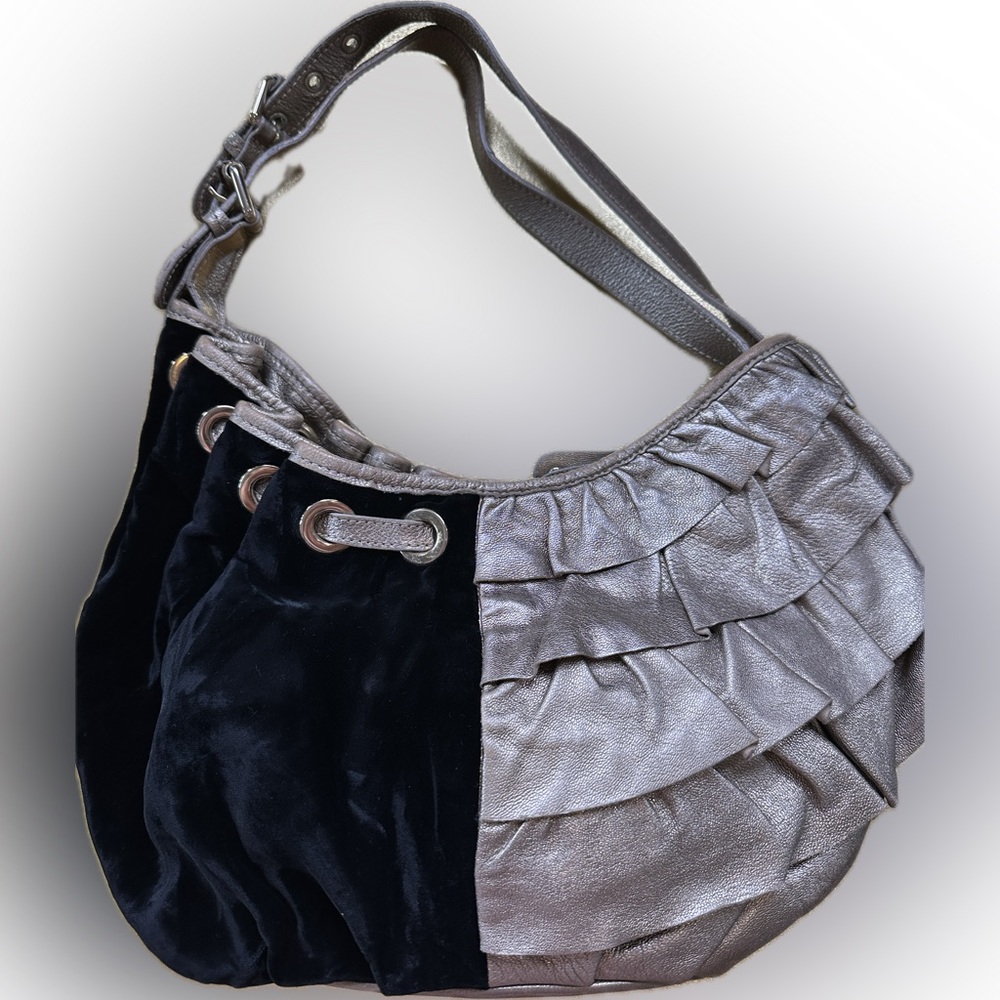 MOSCHINO authentic limited edition Metallic Leather & Black Velvet Ruffle Bag